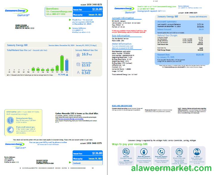 USA Consumers Energy utility bill template in Word and PDF formats, 2 pages, vesion 3